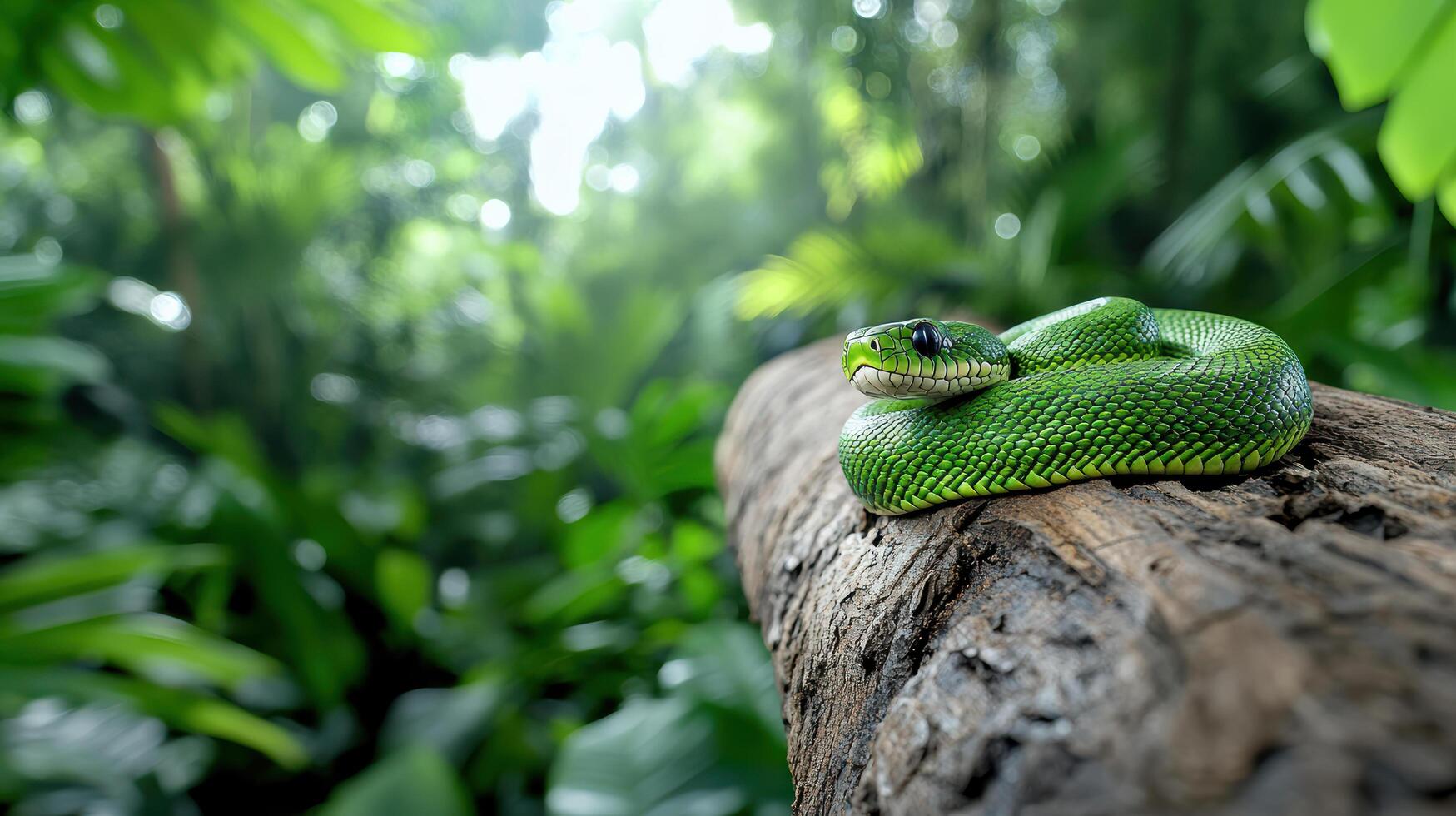 A green snake is sitting on a branch in the jungle photo