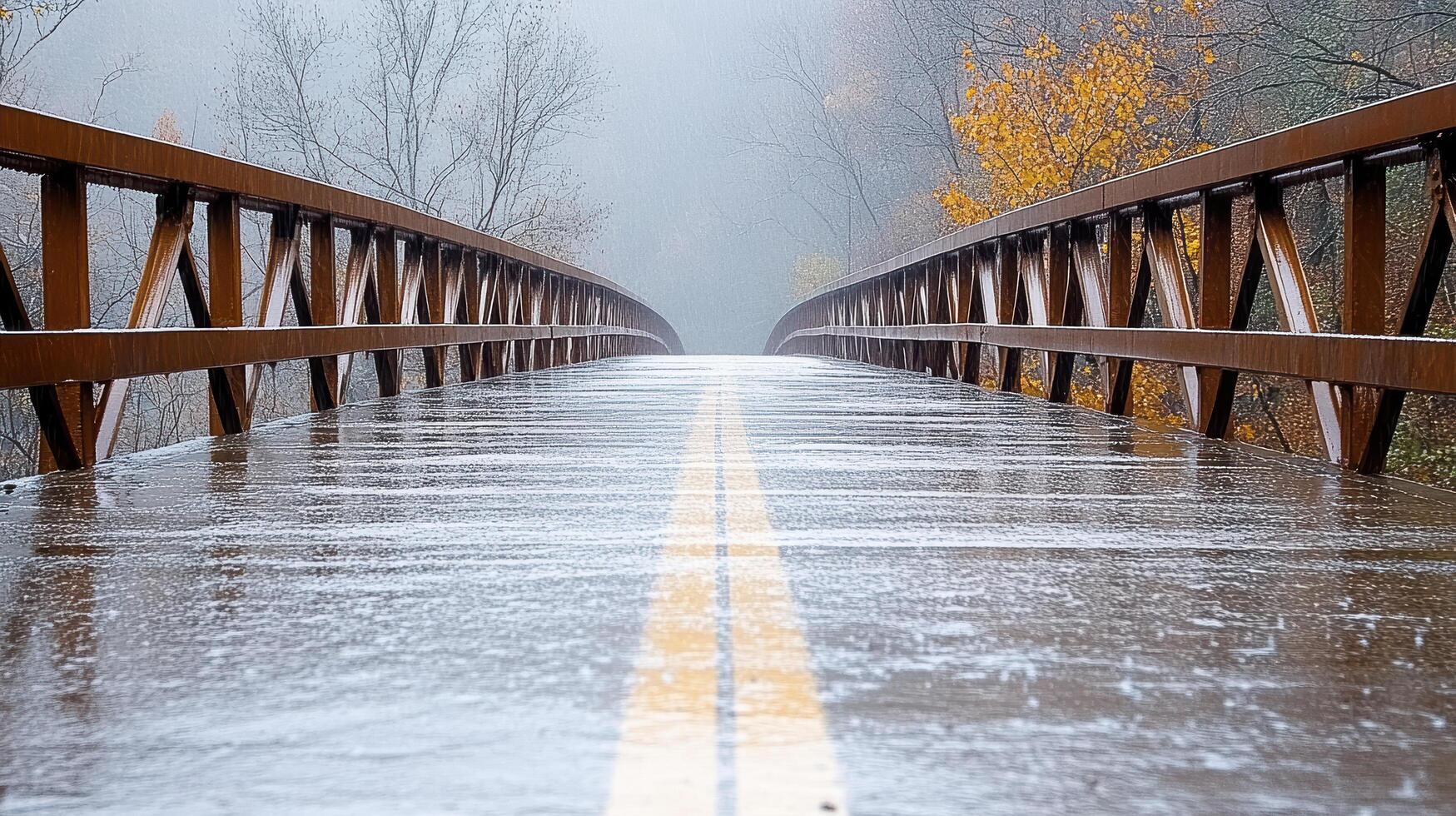 A bridge in the rain with a yellow line on it photo
