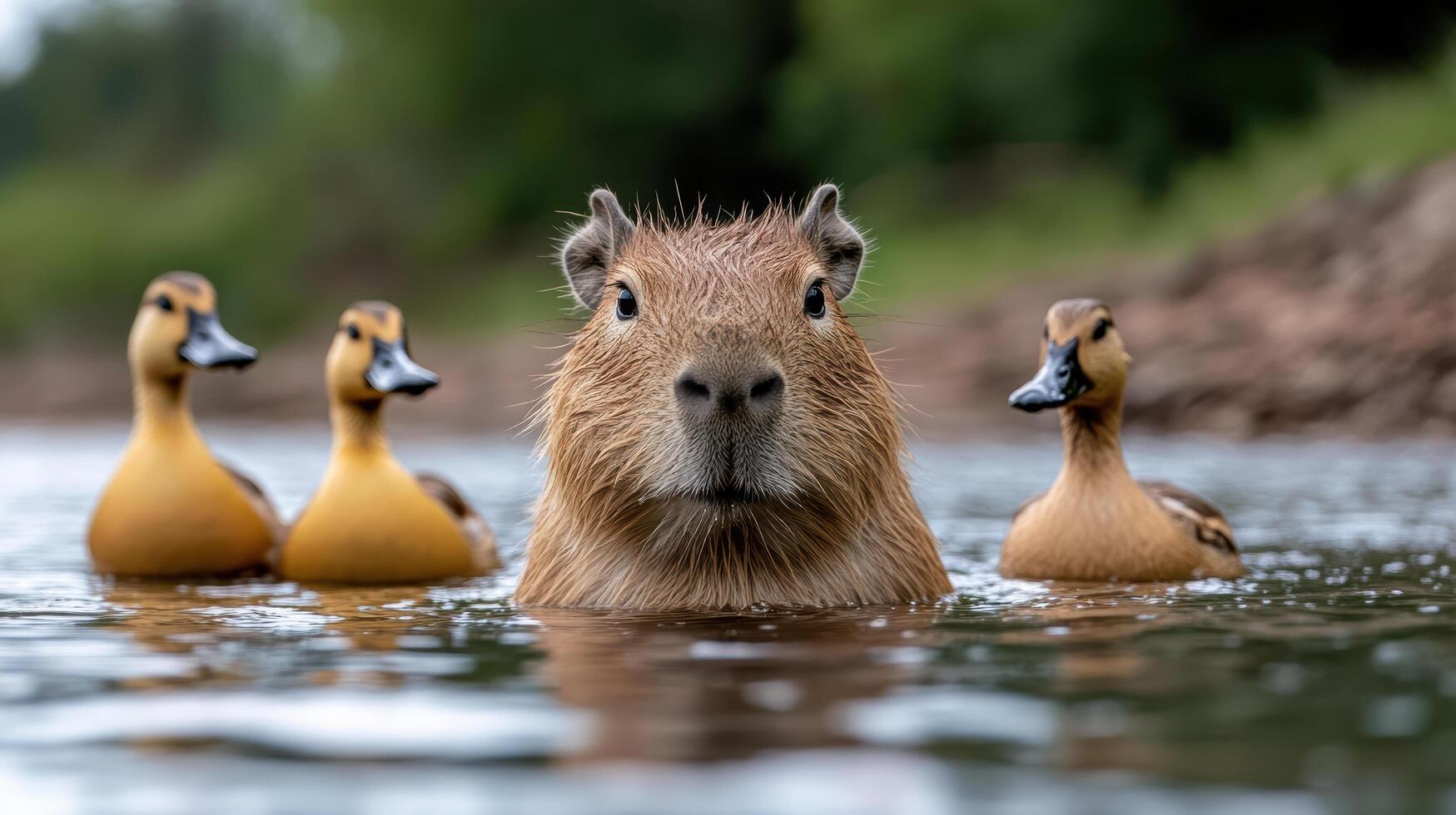 A capybara swims with three ducks in the water photo