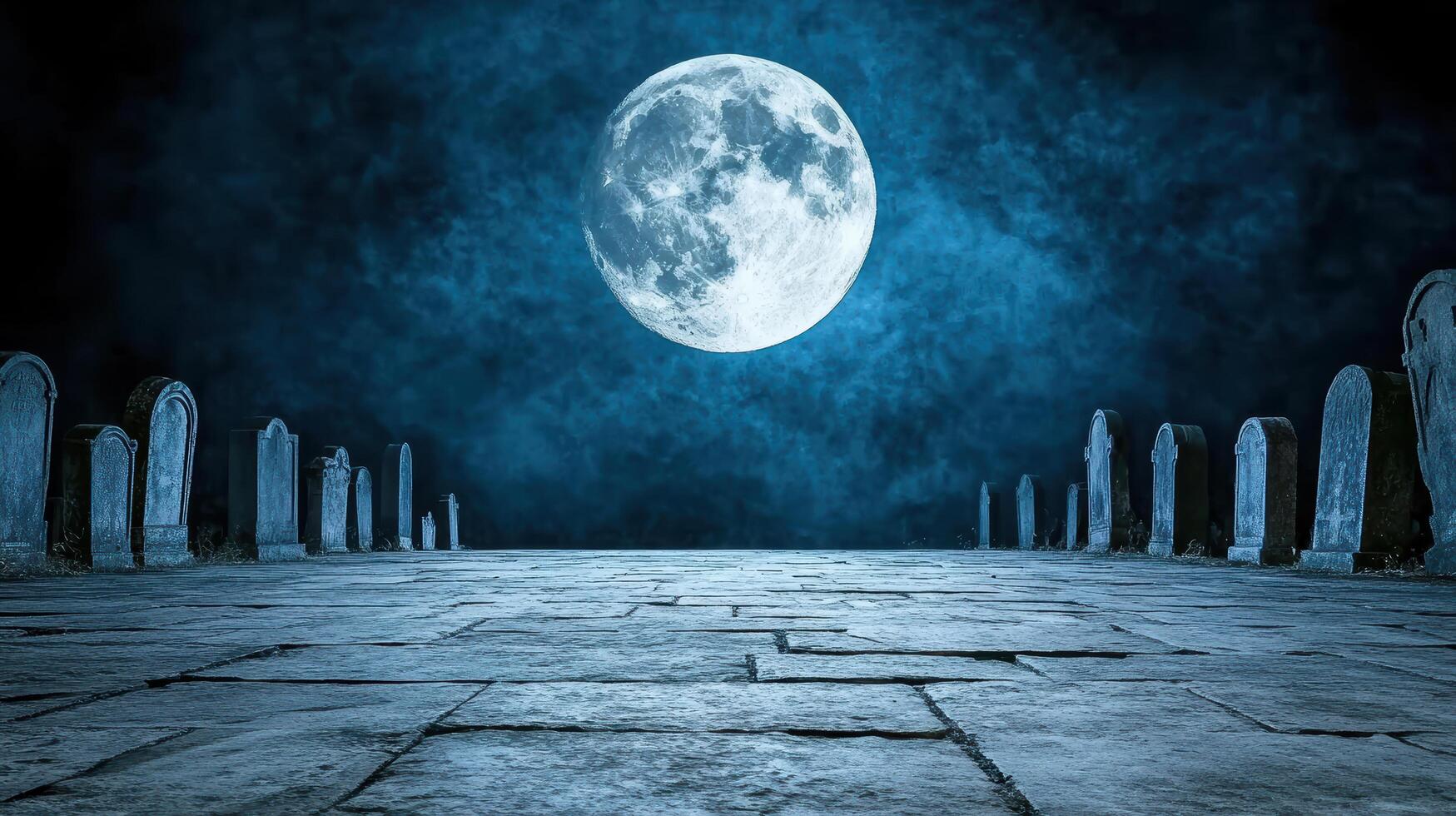 A full moon is seen in the sky over a cemetery photo