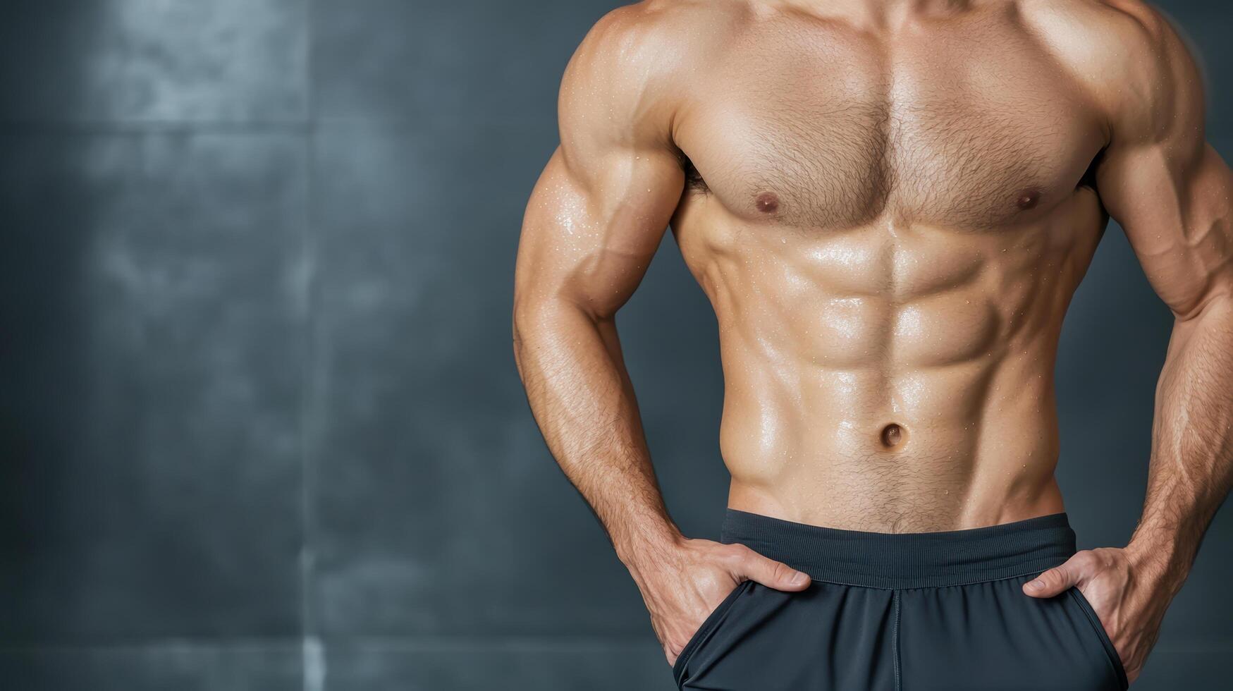A man with no shirt on standing in front of a gray background photo