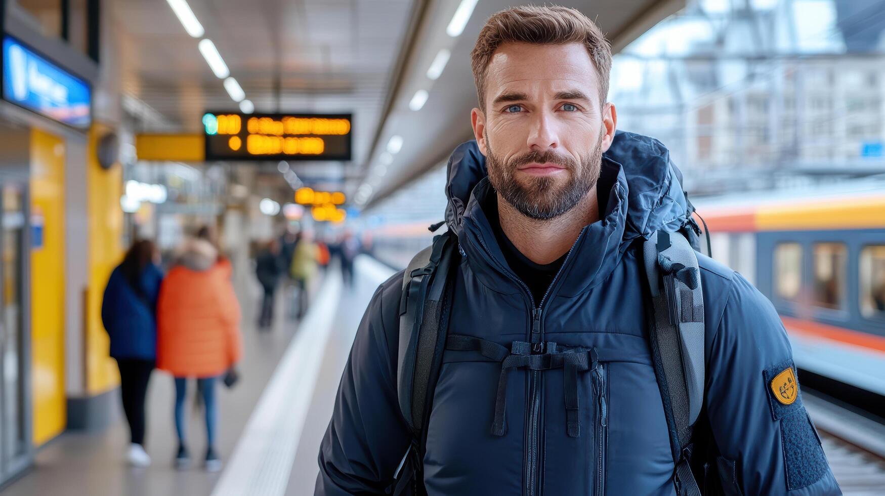 A man with a beard and backpack standing in front of a train photo