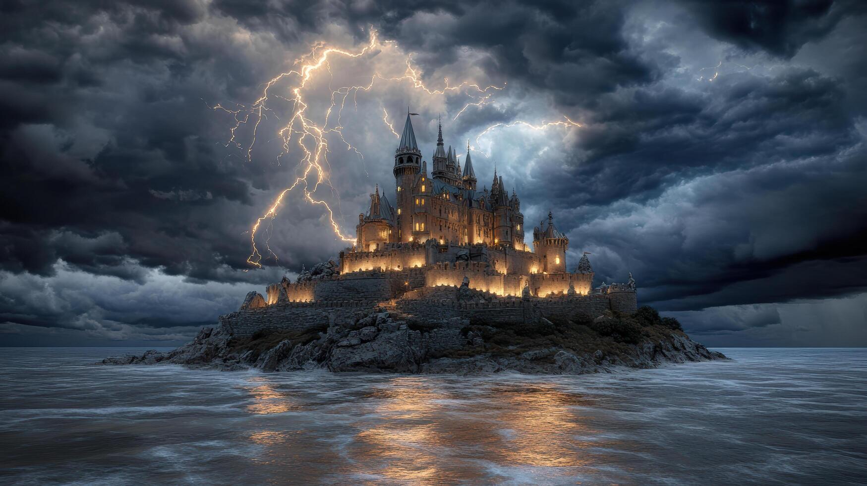 A castle on an island with lightning and storm clouds photo