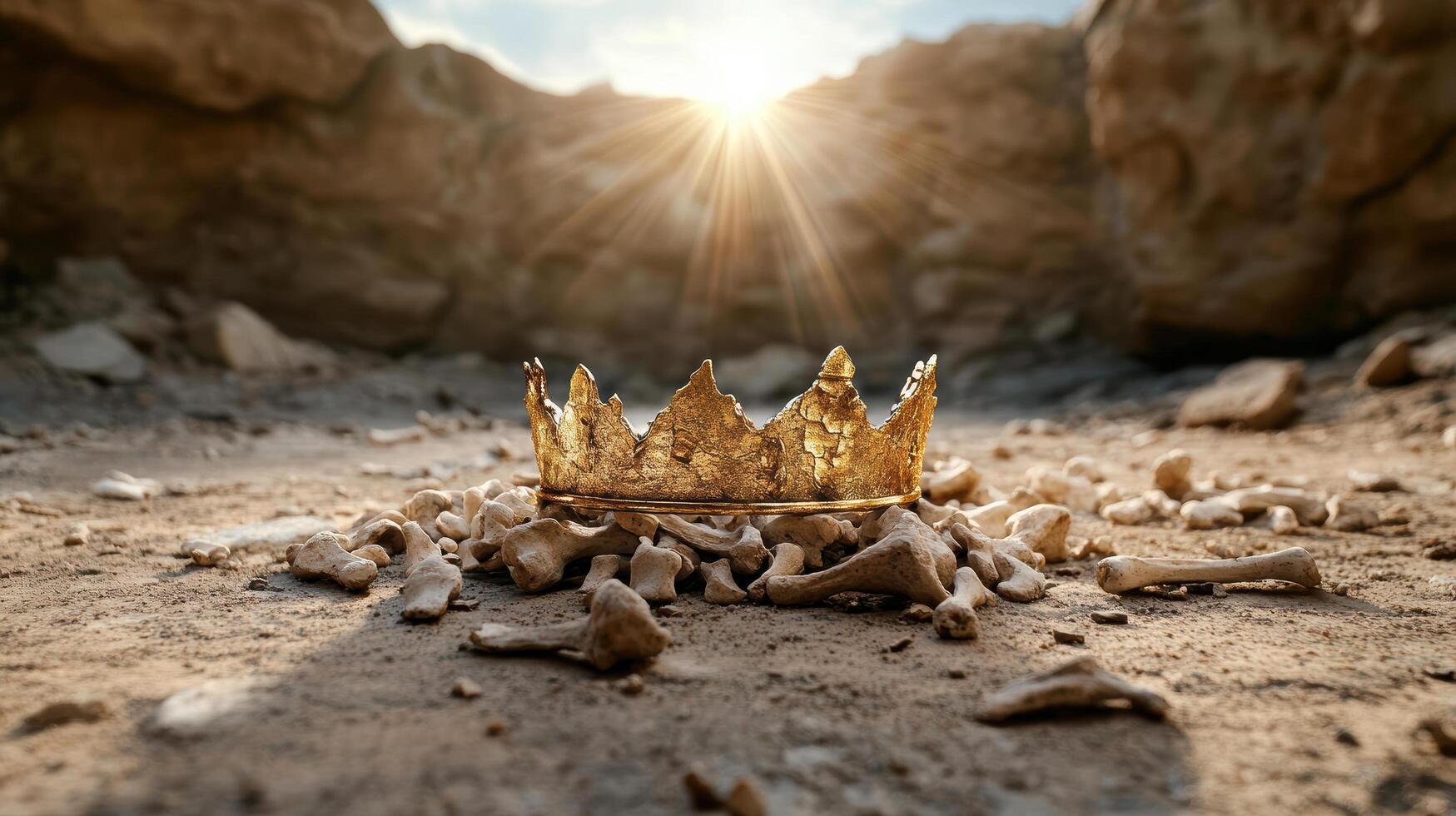 A golden crown sits on top of a pile of bones photo