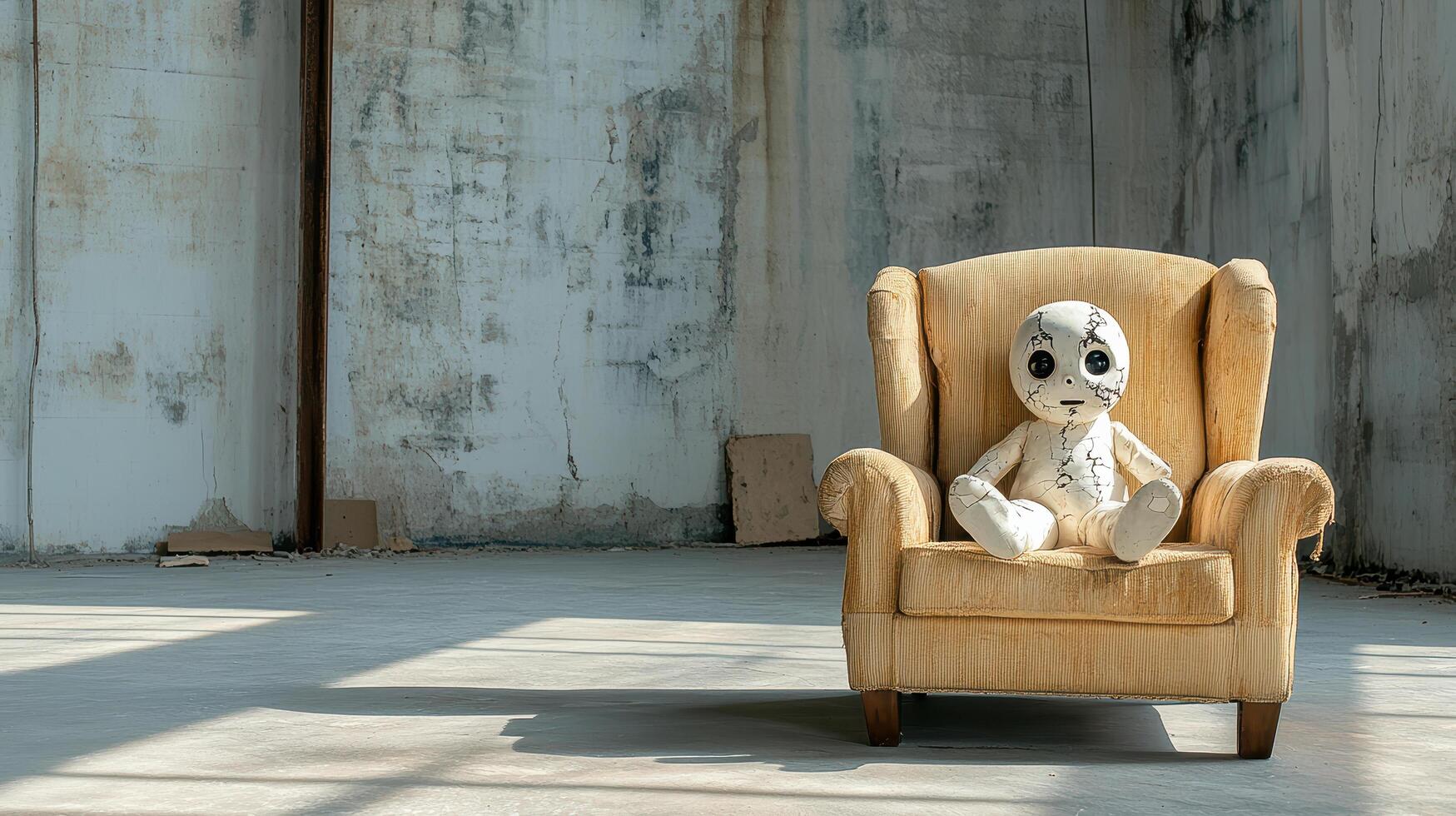 A stuffed animal sitting in a chair in an empty room photo