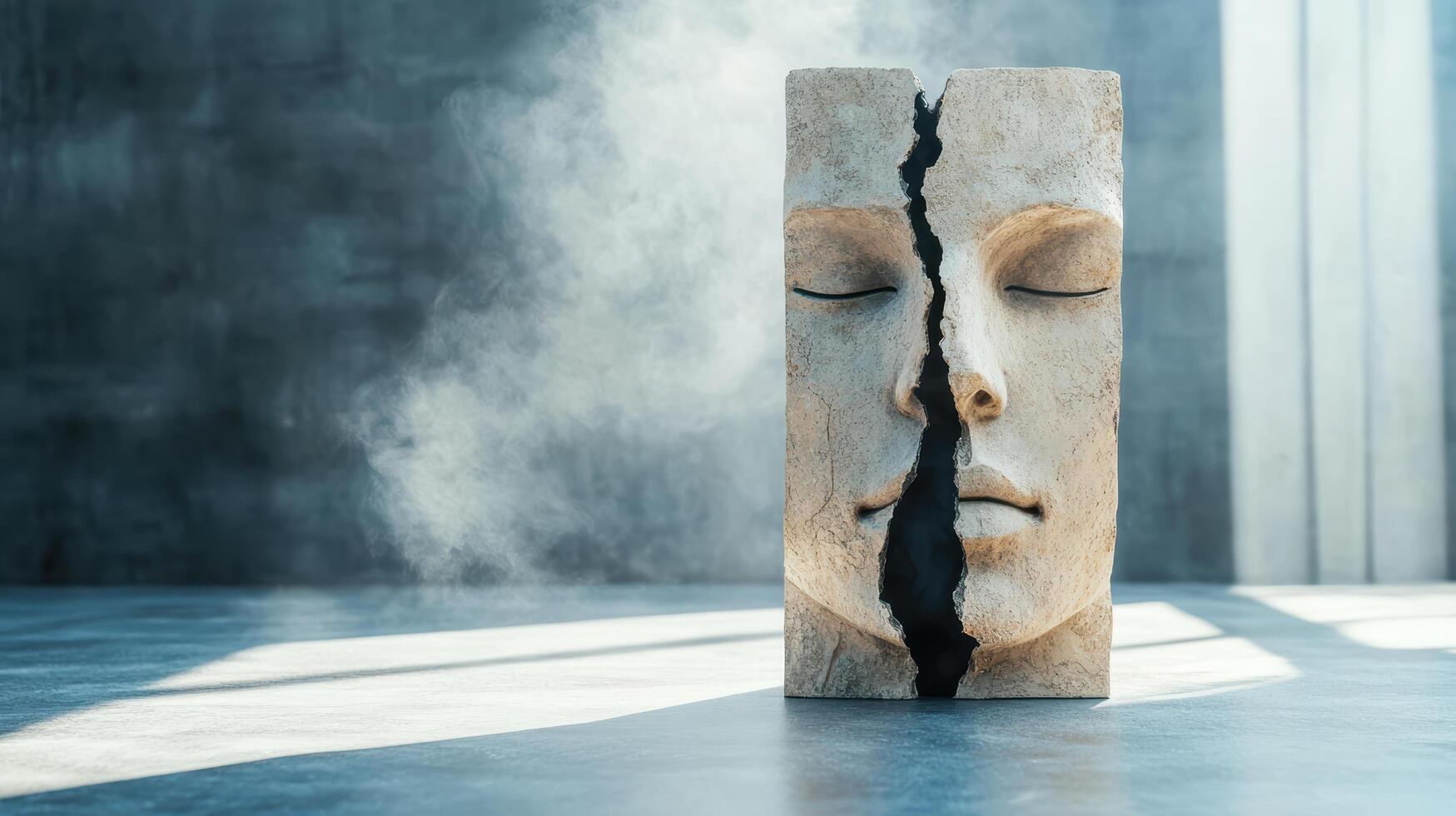 A statue of a woman's face is in the middle of a room photo