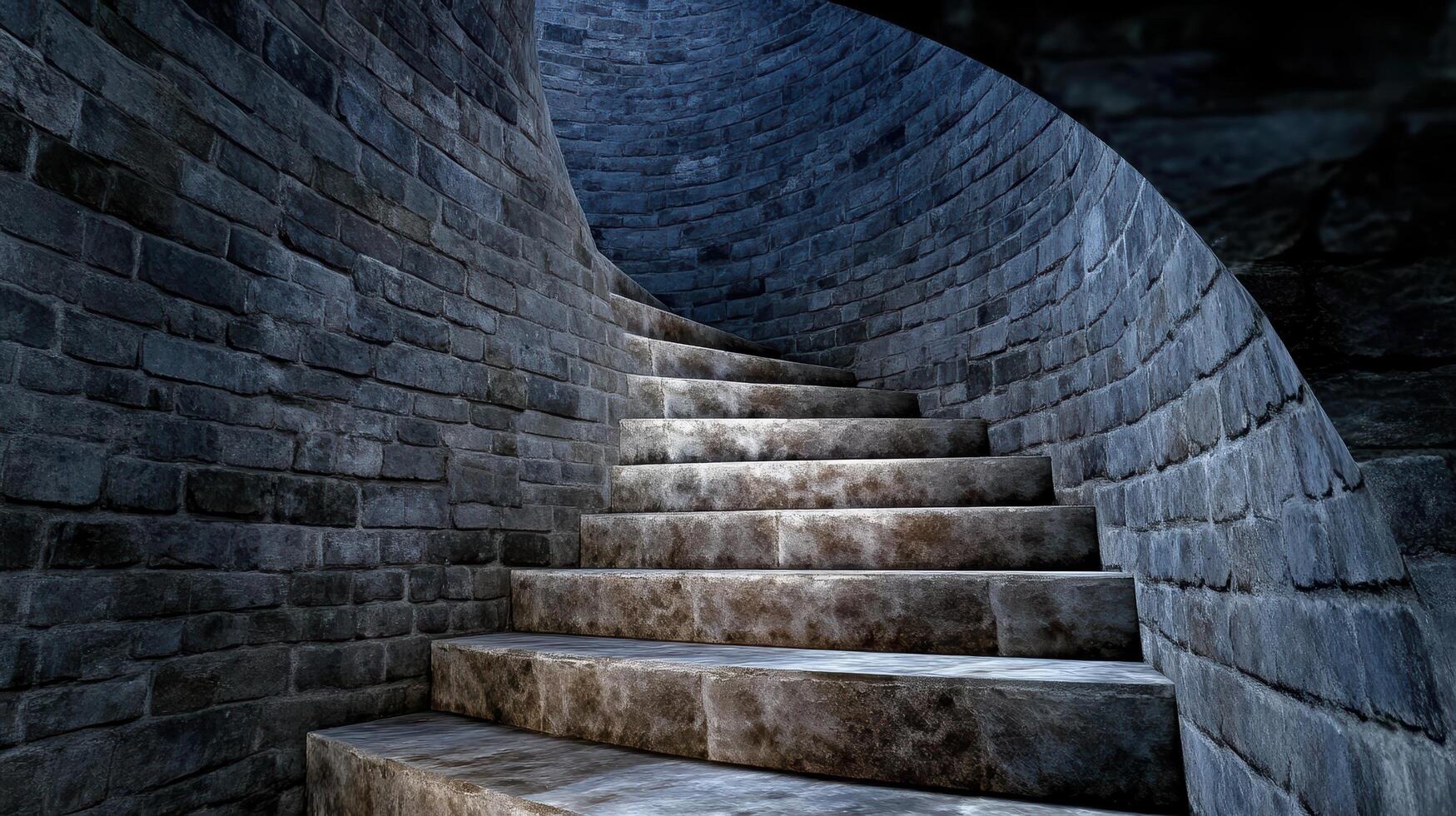 A dark stairway with stone steps leading up to a light photo