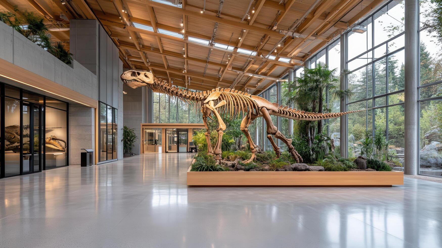 The interior of a museum with a dinosaur skeleton photo