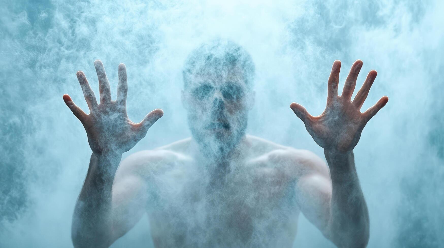 A man is covered in water and smoke photo