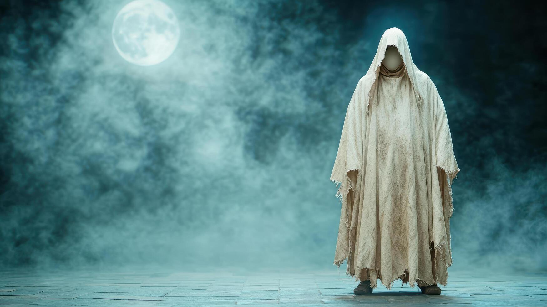 A ghostly figure in a white robe stands in front of a full moon photo