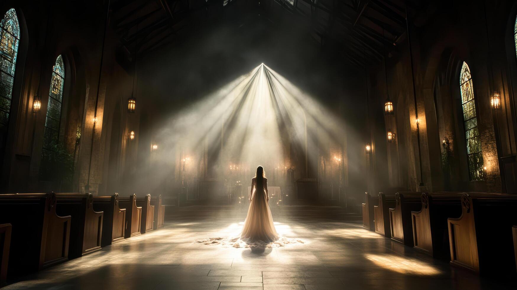 A bride stands in the middle of a church with sunlight streaming through the windows photo