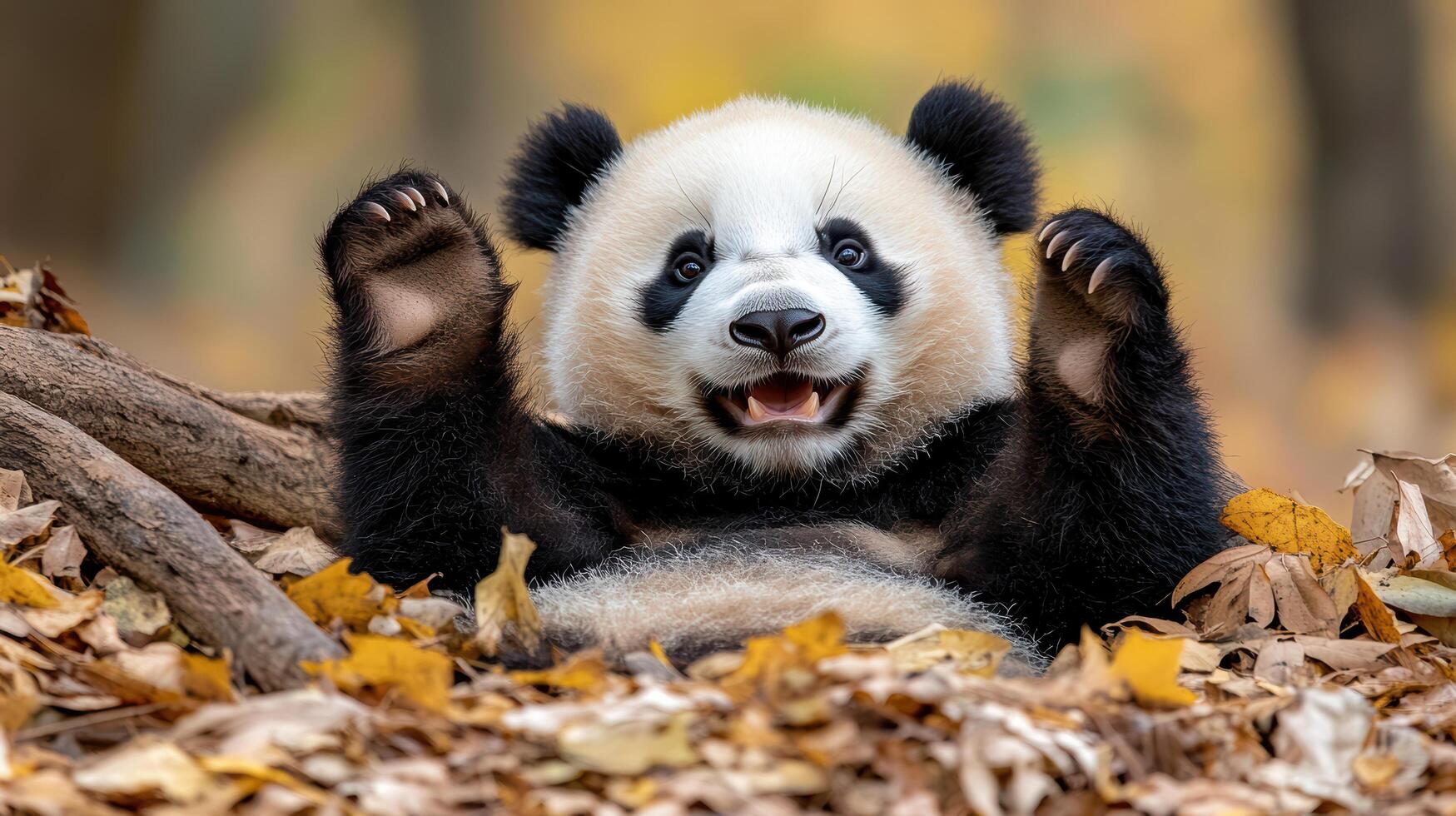 A panda bear is sitting in the leaves photo