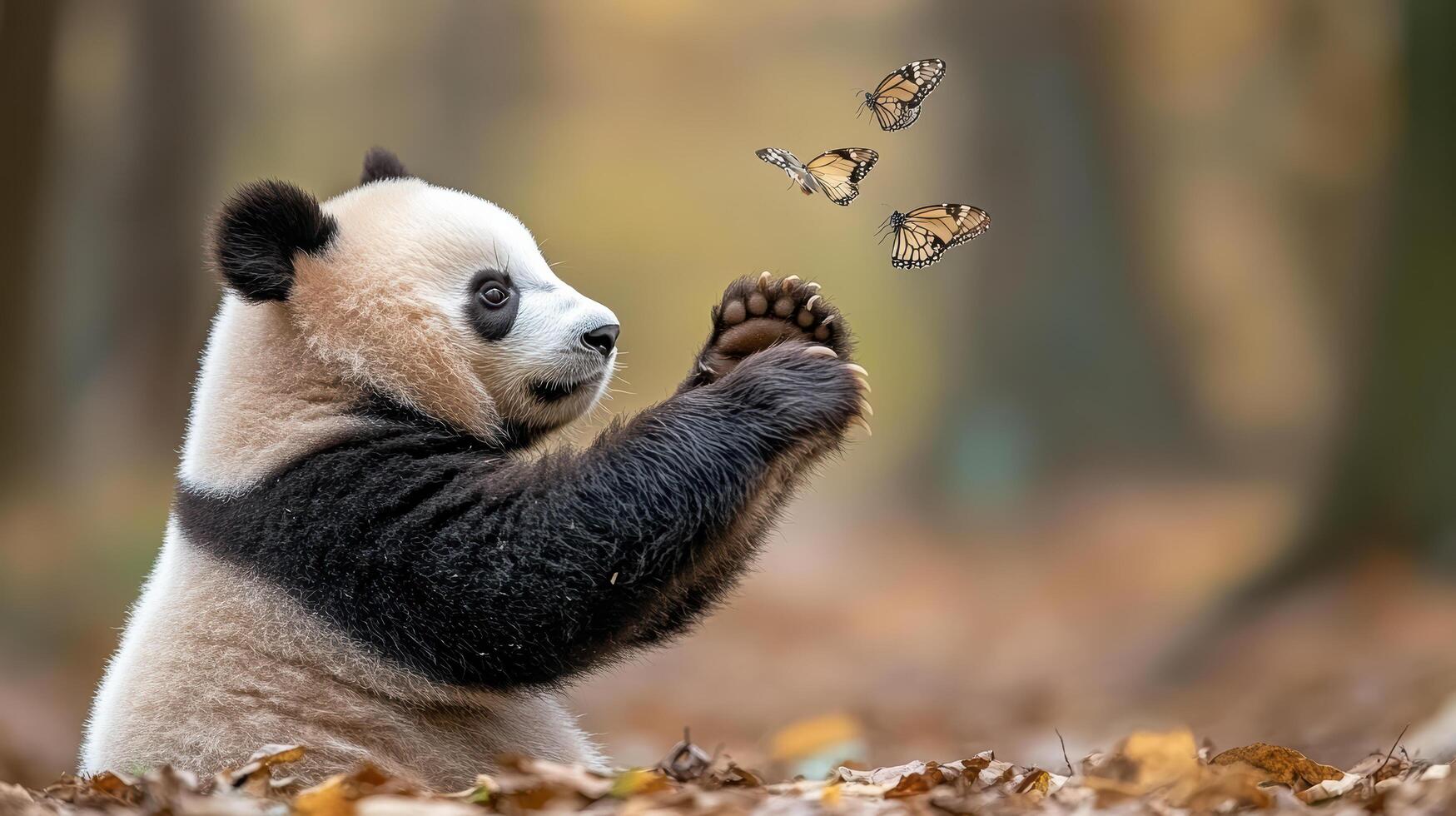 A panda bear is reaching out to touch a butterfly photo