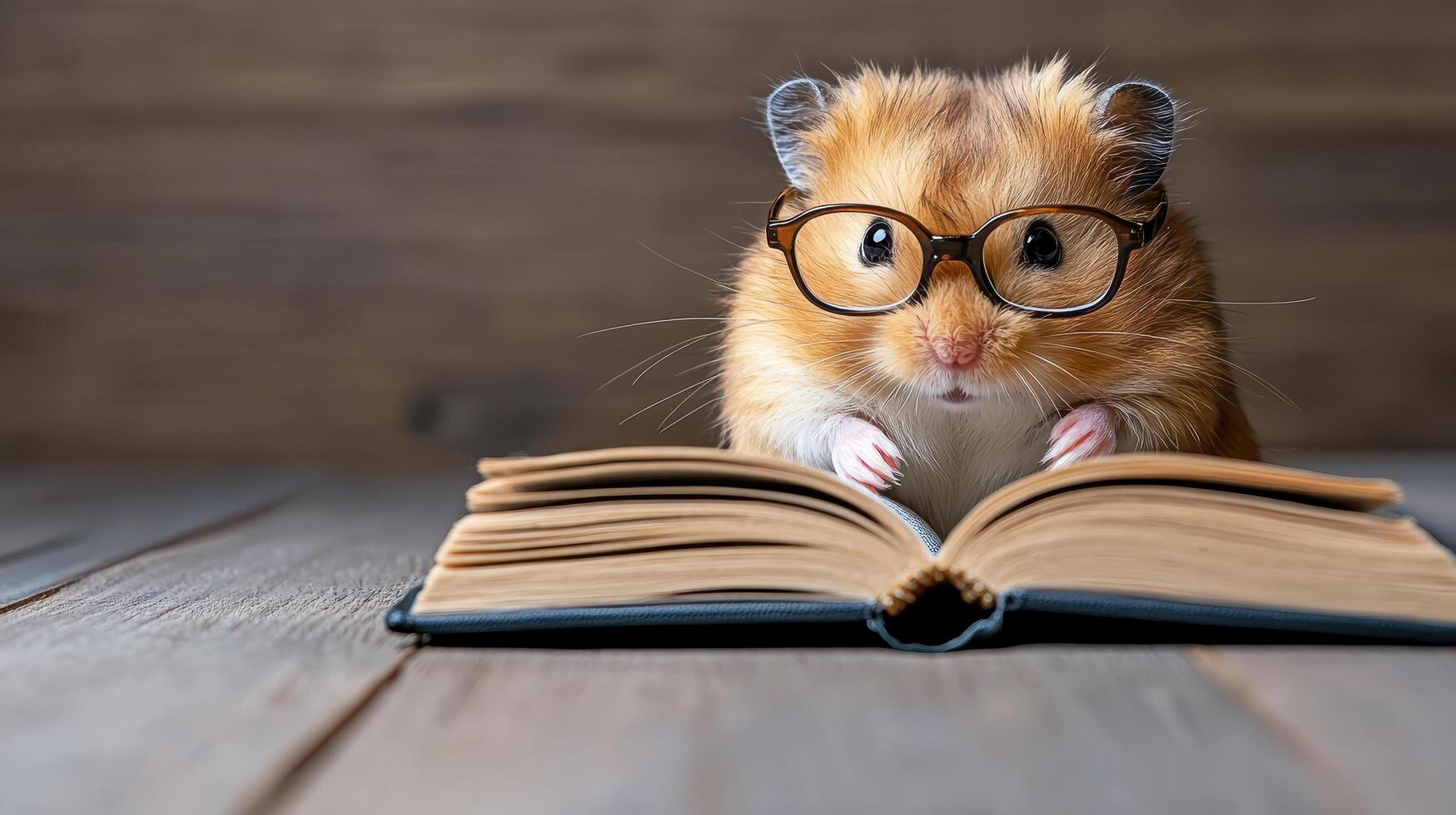 A hamster wearing glasses reading a book photo