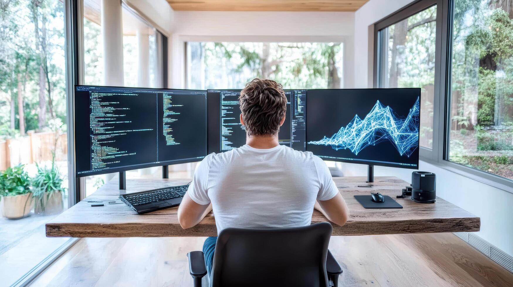 A man sitting at a desk with three computer monitors photo