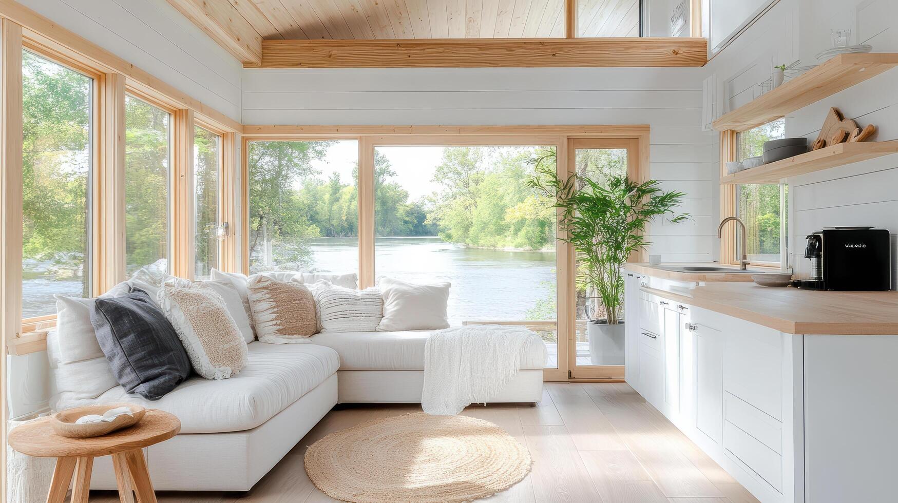 A living room with a couch, coffee table and windows photo