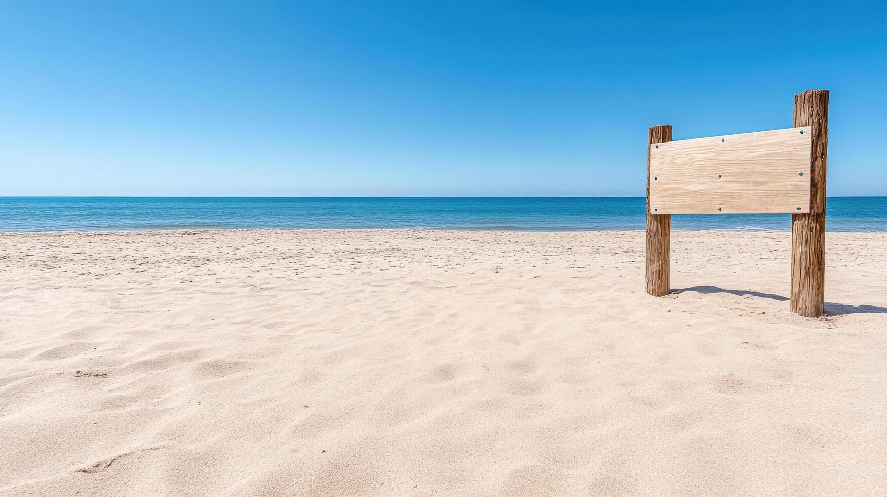 A wooden sign on the beach with a blue sky photo
