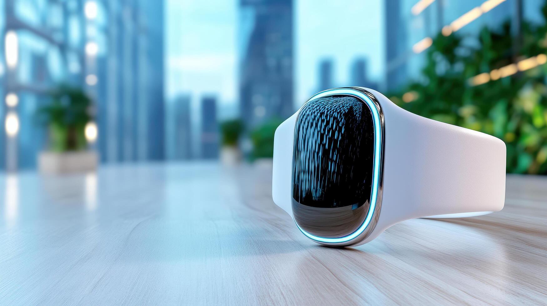 A smart watch on a table with a city view photo