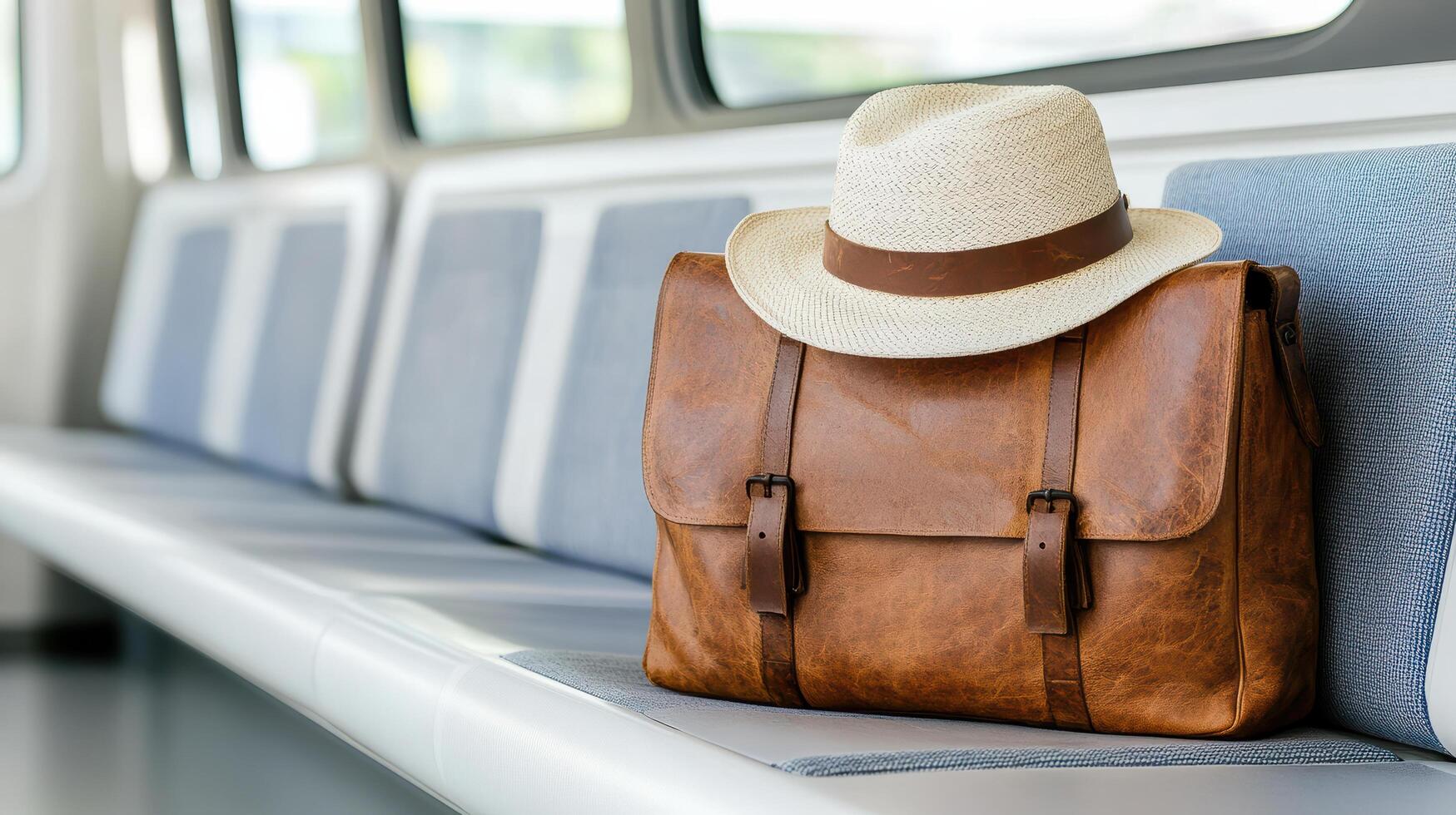 A brown leather bag with a hat sitting on a bench photo