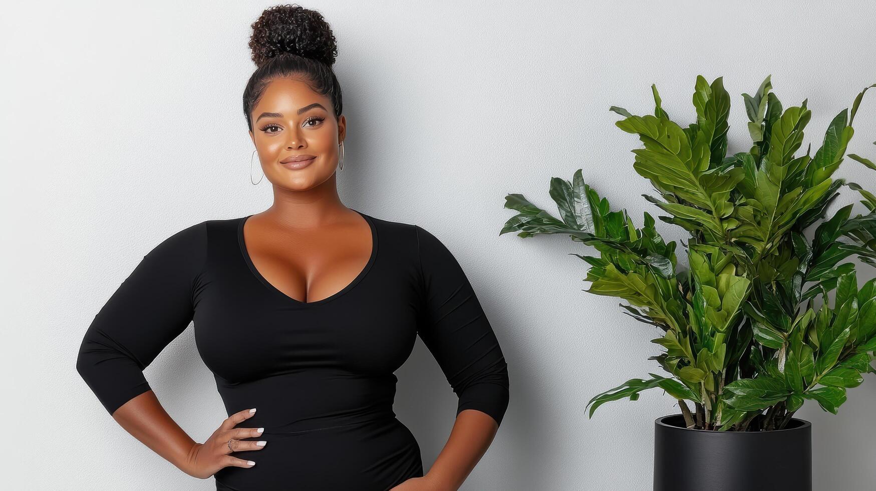 A woman in a black dress standing next to a plant photo