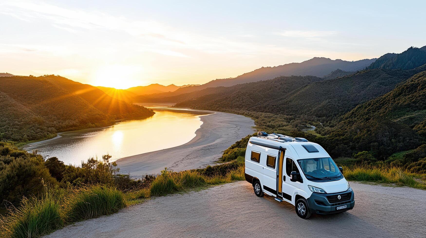 A camper van parked on a dirt road at sunset photo