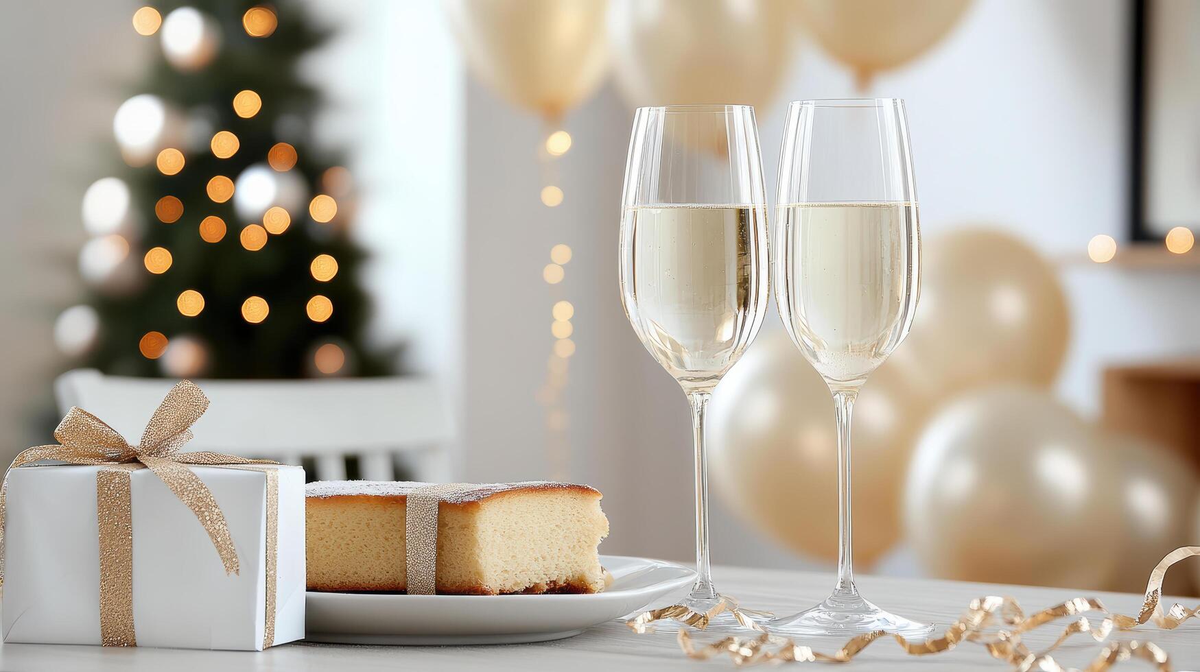 Two glasses of champagne and a slice of cake on a table photo