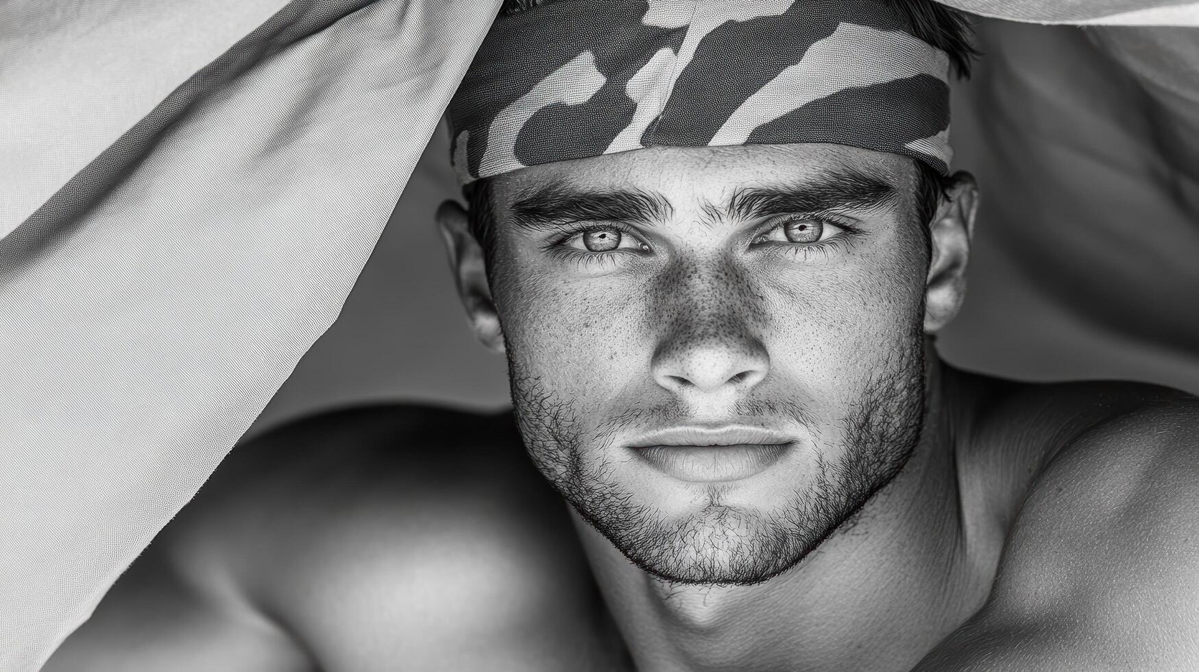 A man with a camo headband is looking at the camera photo