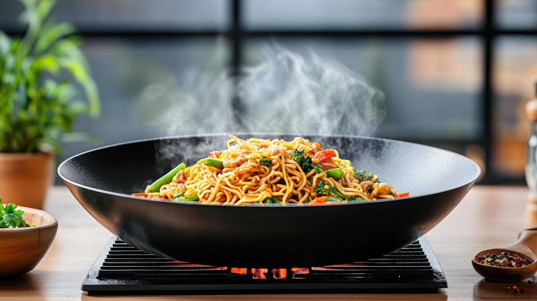 A black wok with noodles and vegetables on top photo