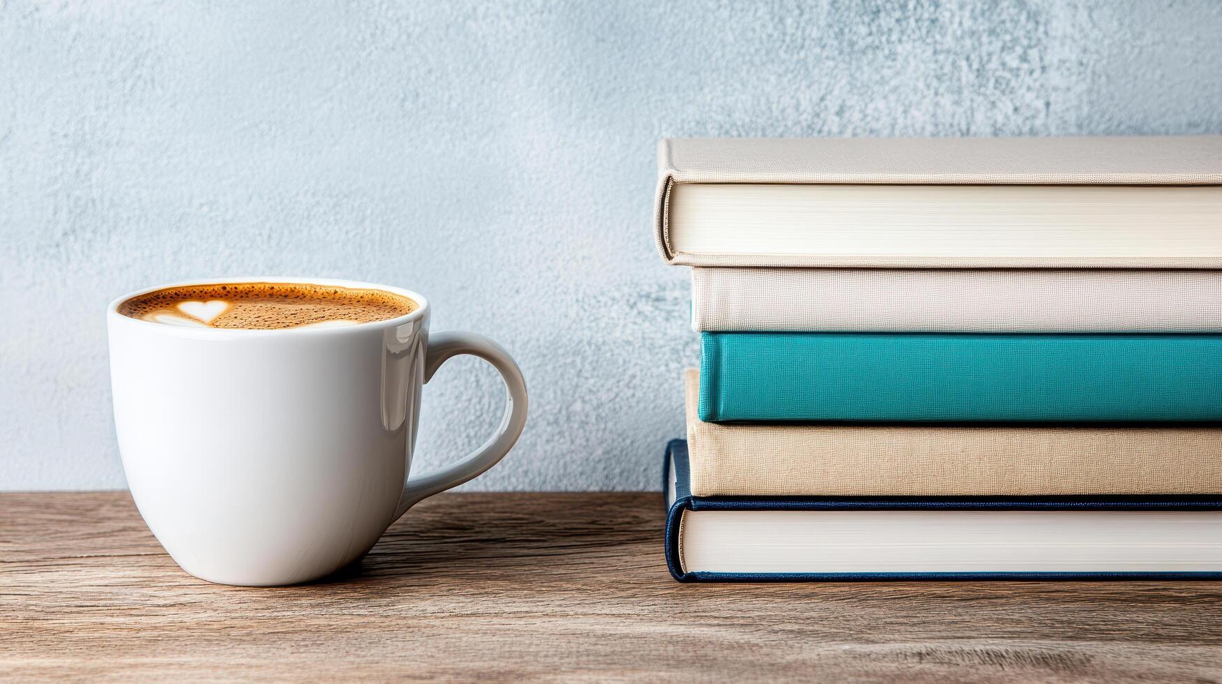 Coffee and books on a wooden table photo