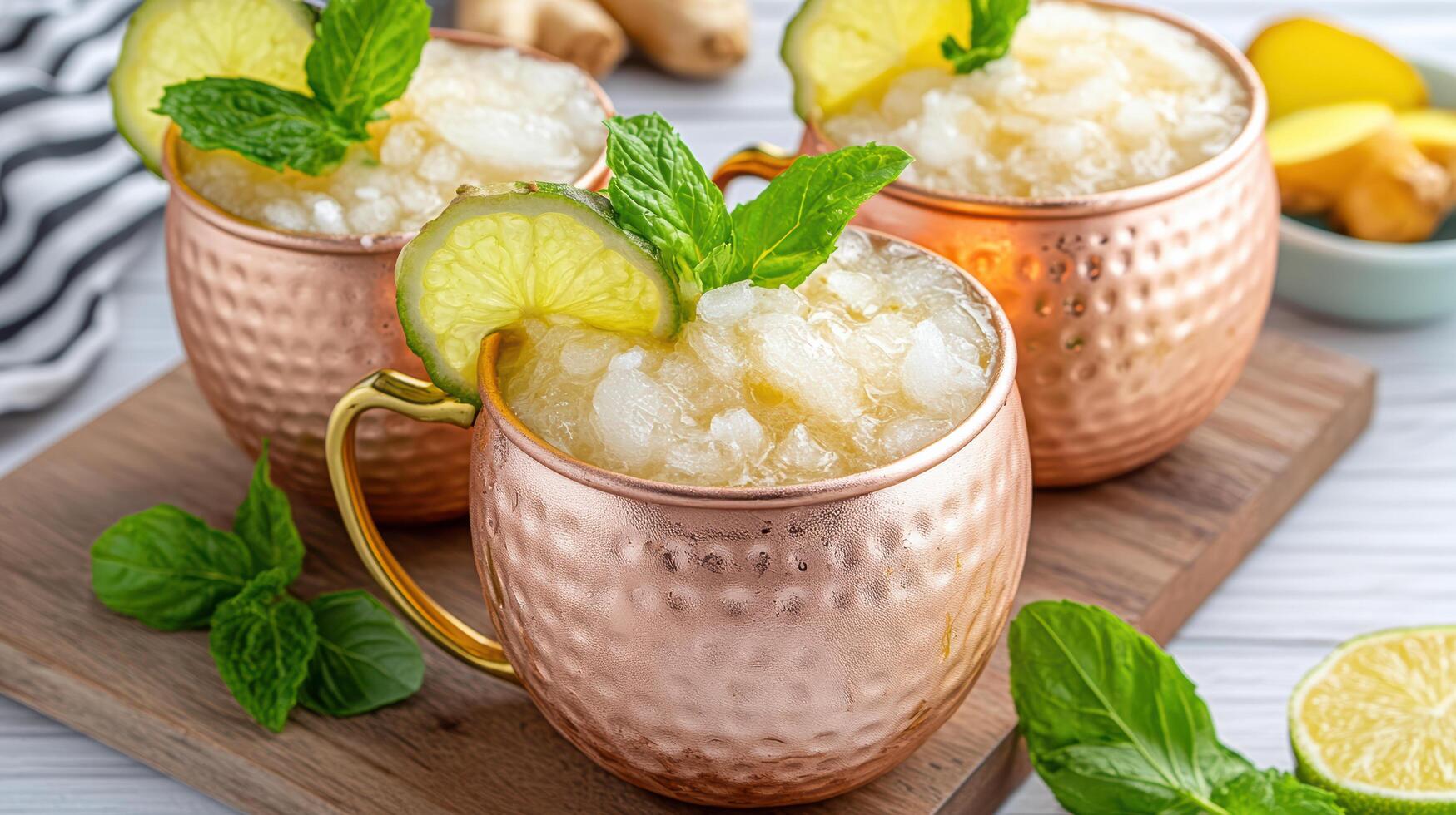 Three copper mugs with ice and mint leaves photo