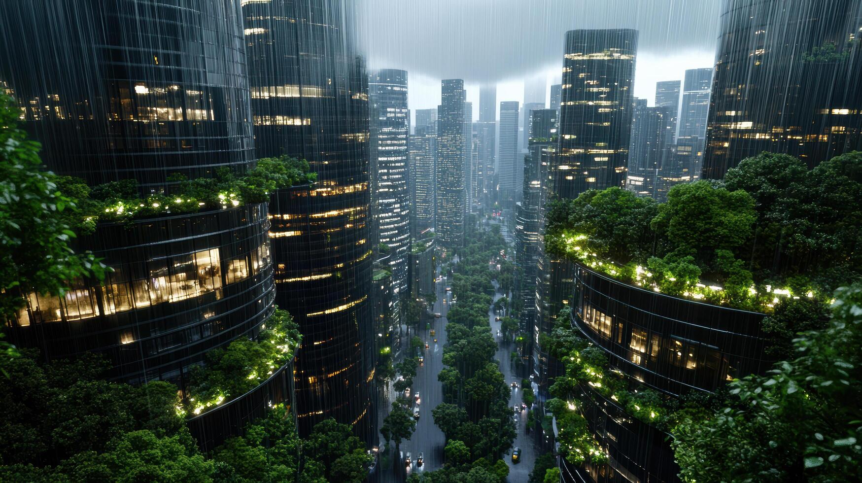 A city with tall buildings and trees in the rain photo
