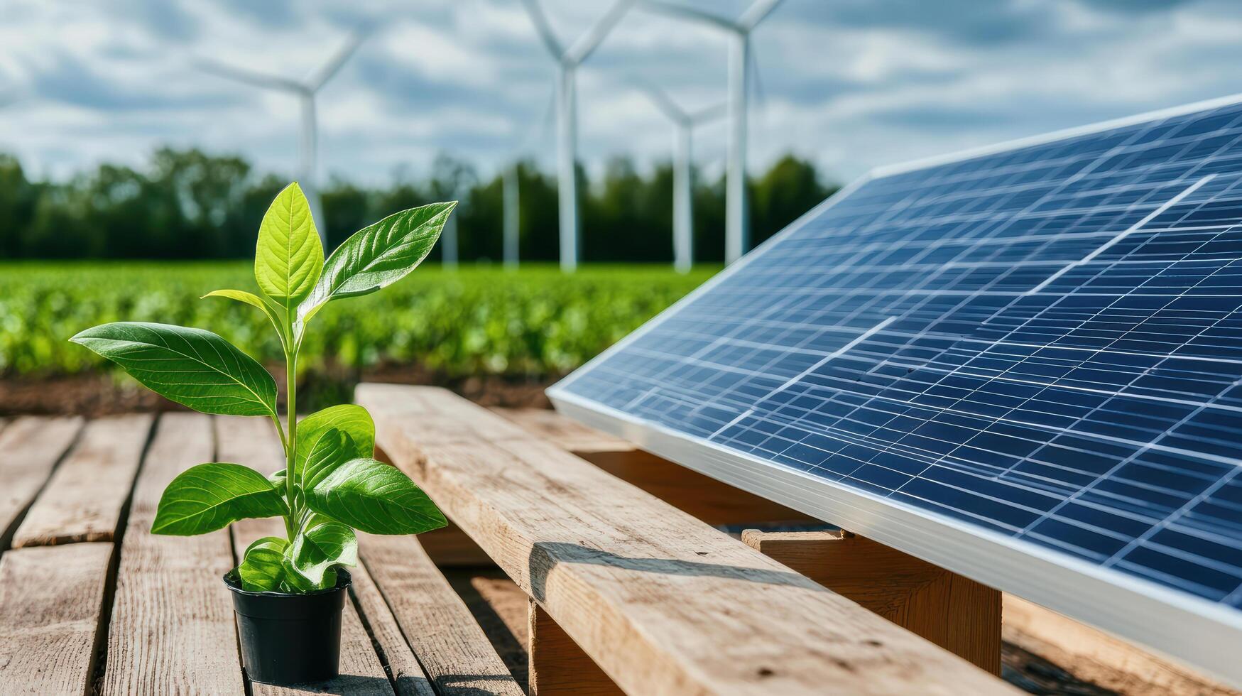Solar panels and wind turbines in a field photo