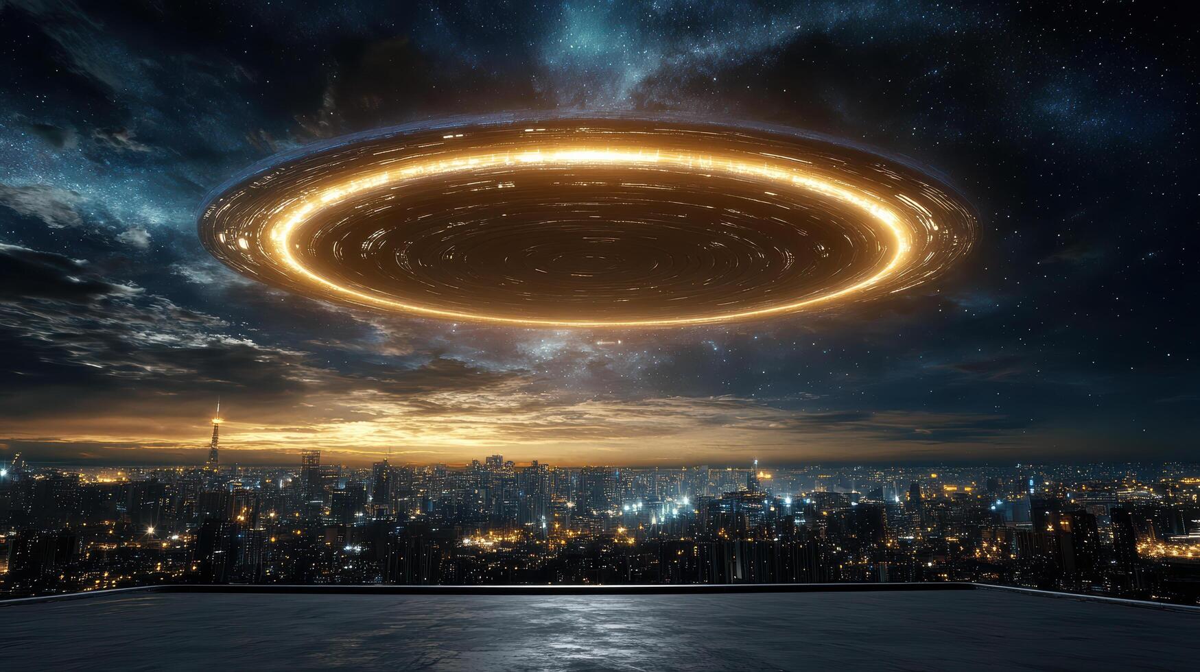 Ufo flying over city at night photo