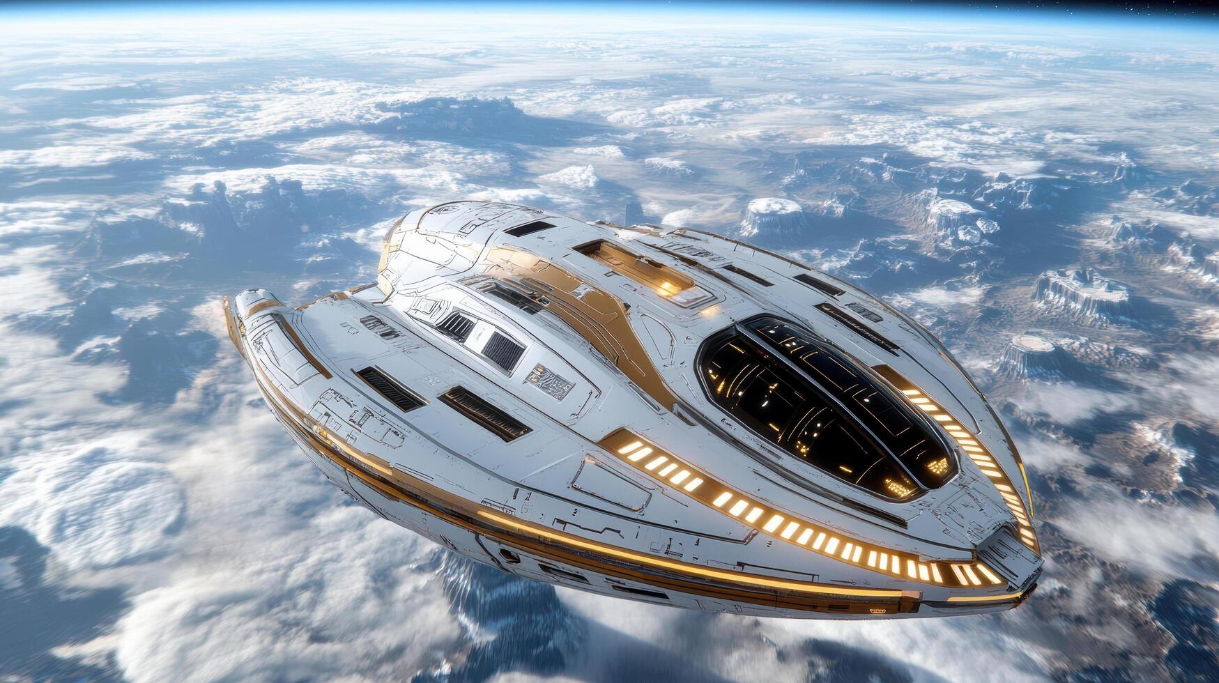 An artist's rendering of a spaceship flying above the earth photo