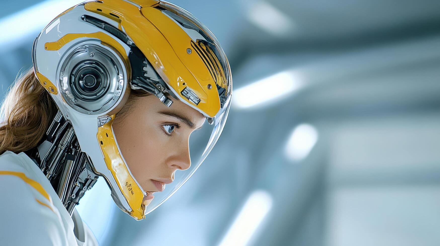 A woman wearing a helmet with a yellow and white design photo