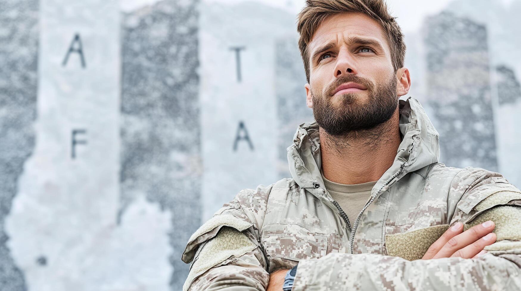 A man in camouflage is standing in front of a wall photo