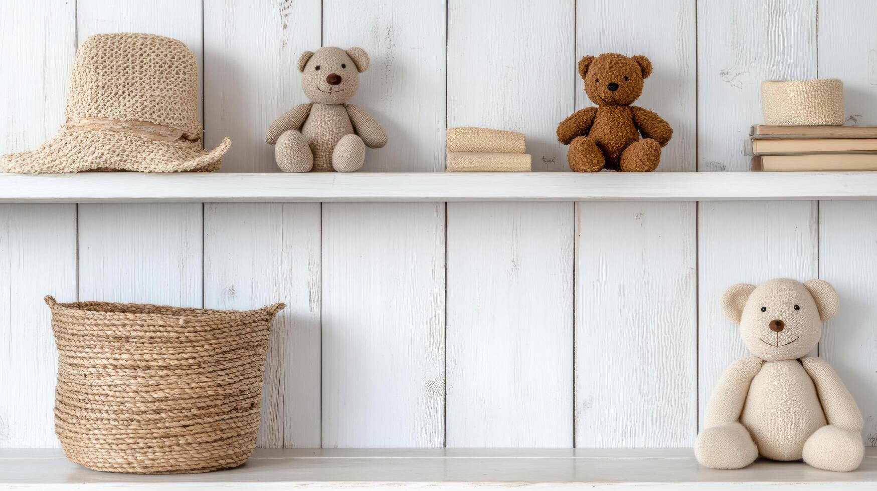 A shelf with teddy bears and books photo