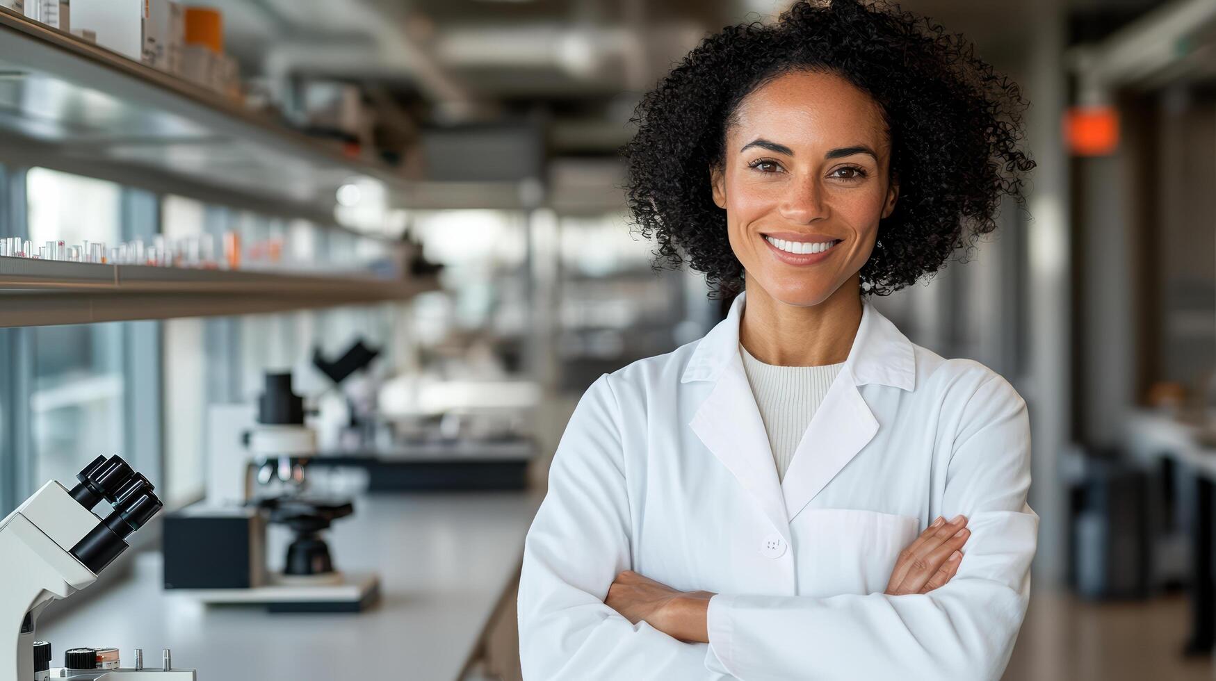 A woman in a lab coat standing in front of a microscope photo