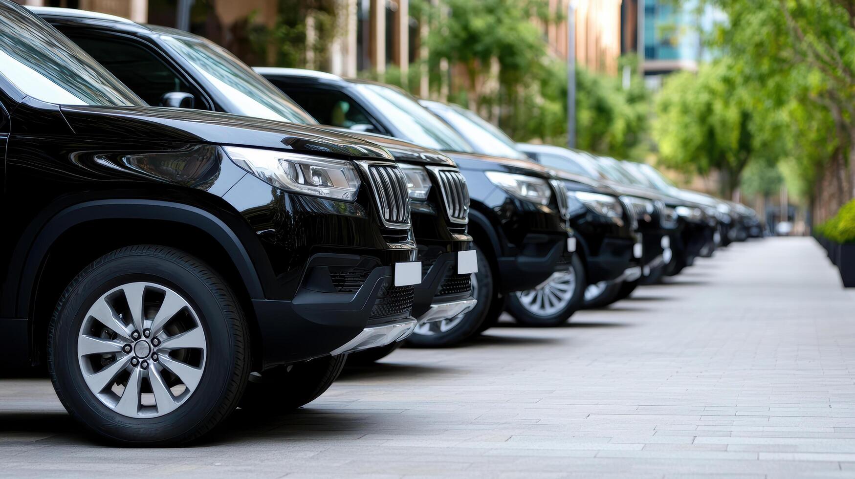 A row of black suvs parked on a street photo