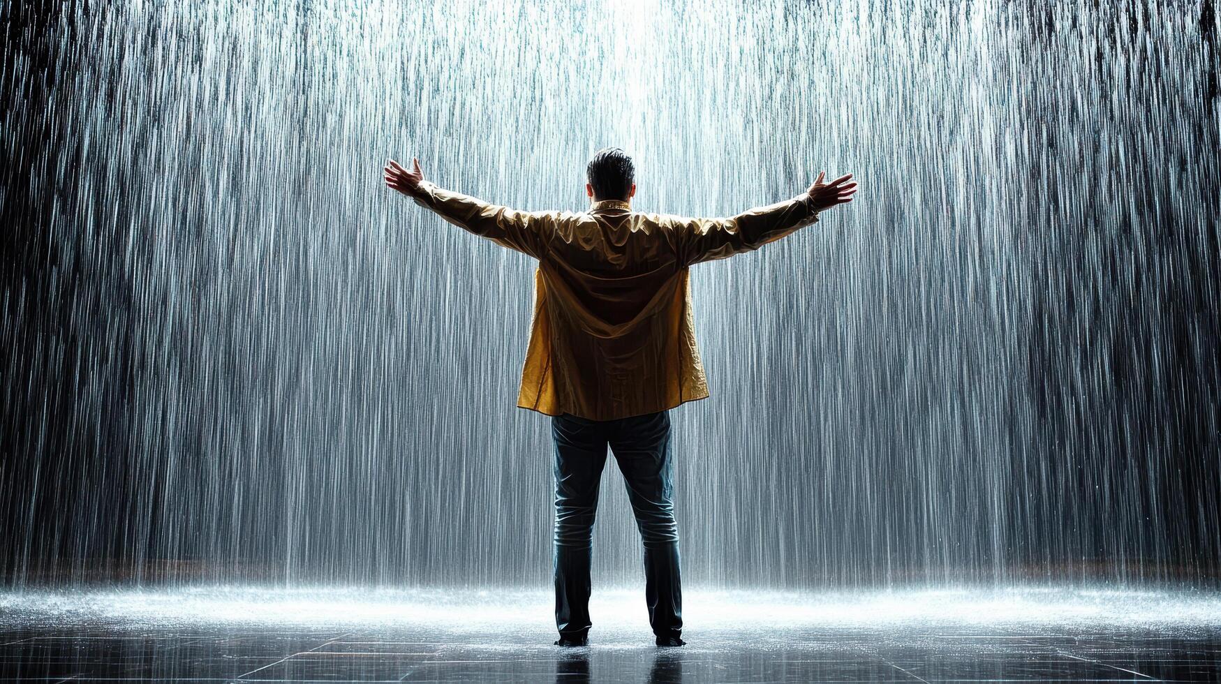 A man standing in front of a waterfall with his arms outstretched photo