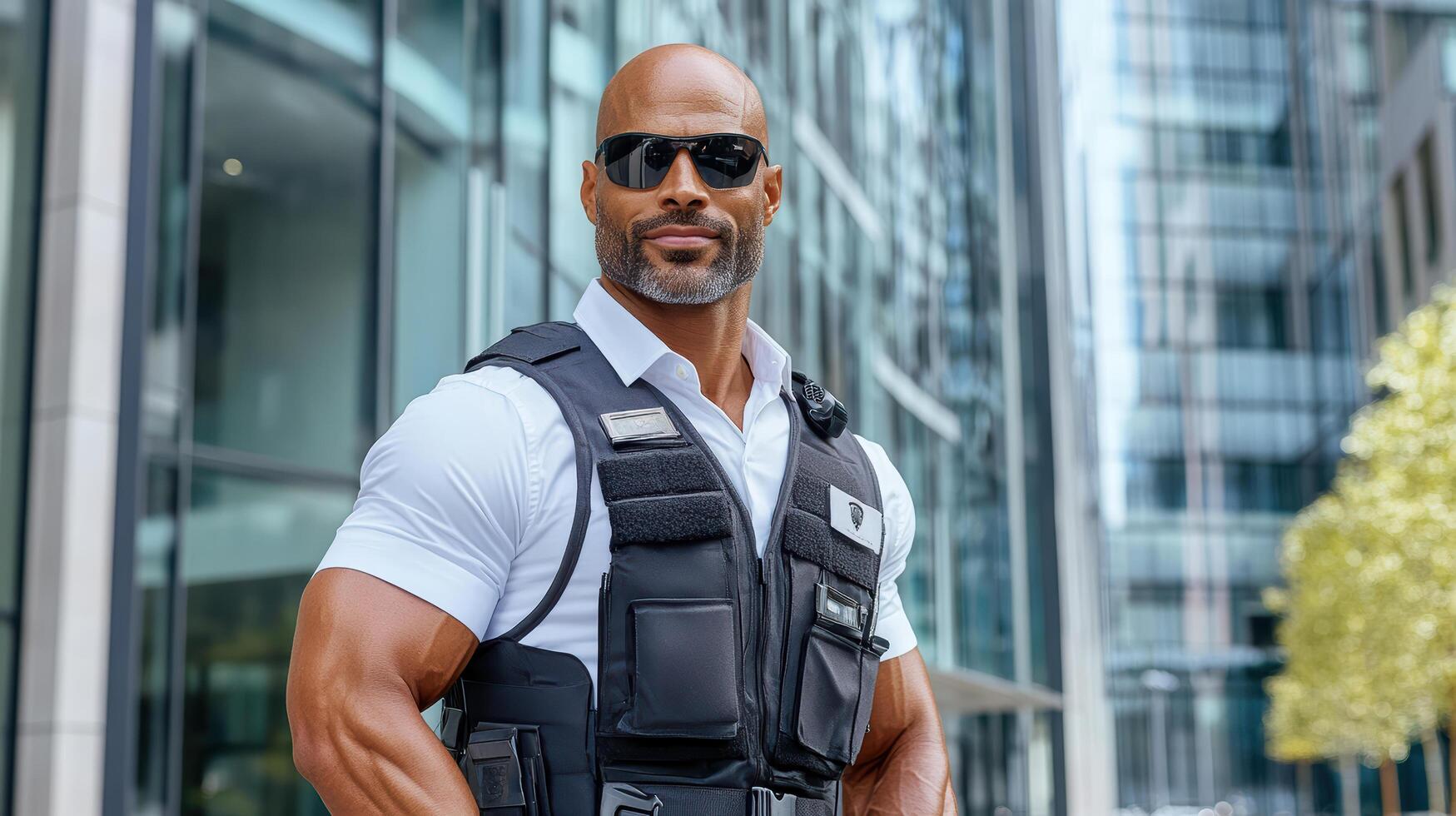 A man in a police vest standing in front of a building photo