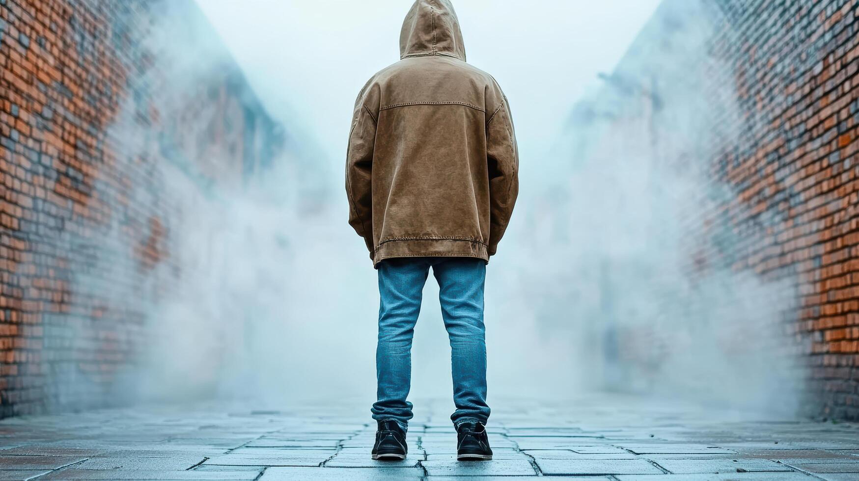 A man in a hoodie standing in an alleyway photo