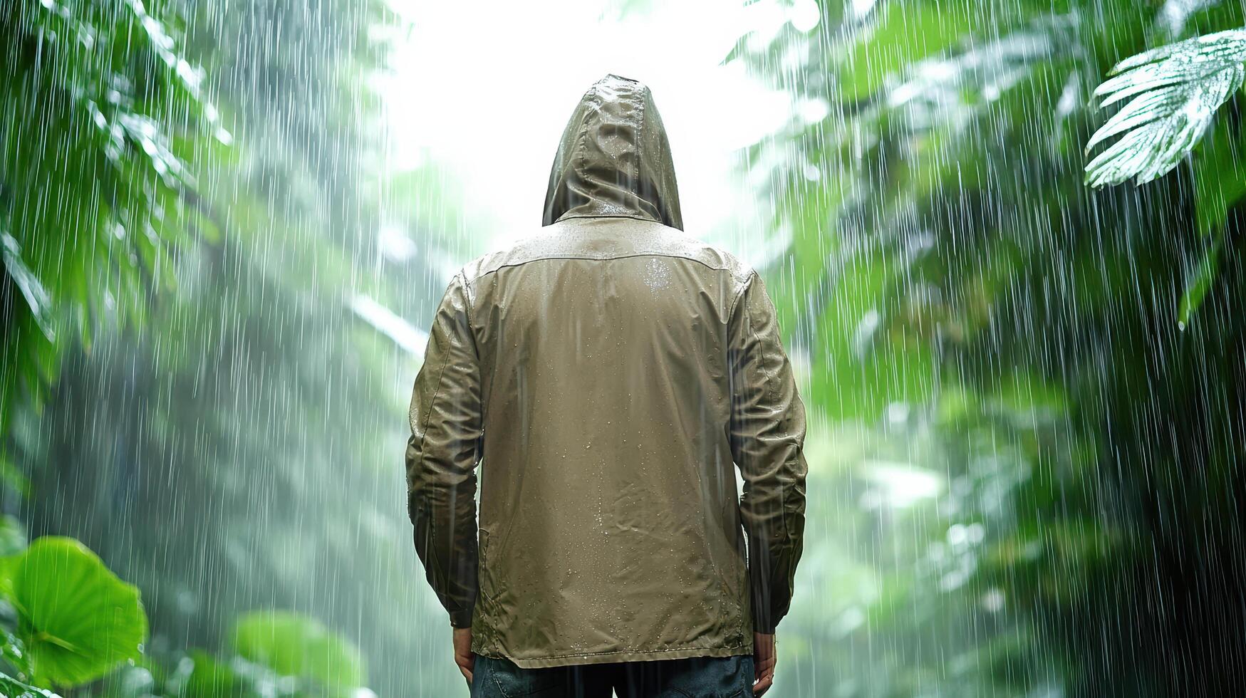 A man in a rain jacket standing in the rain photo