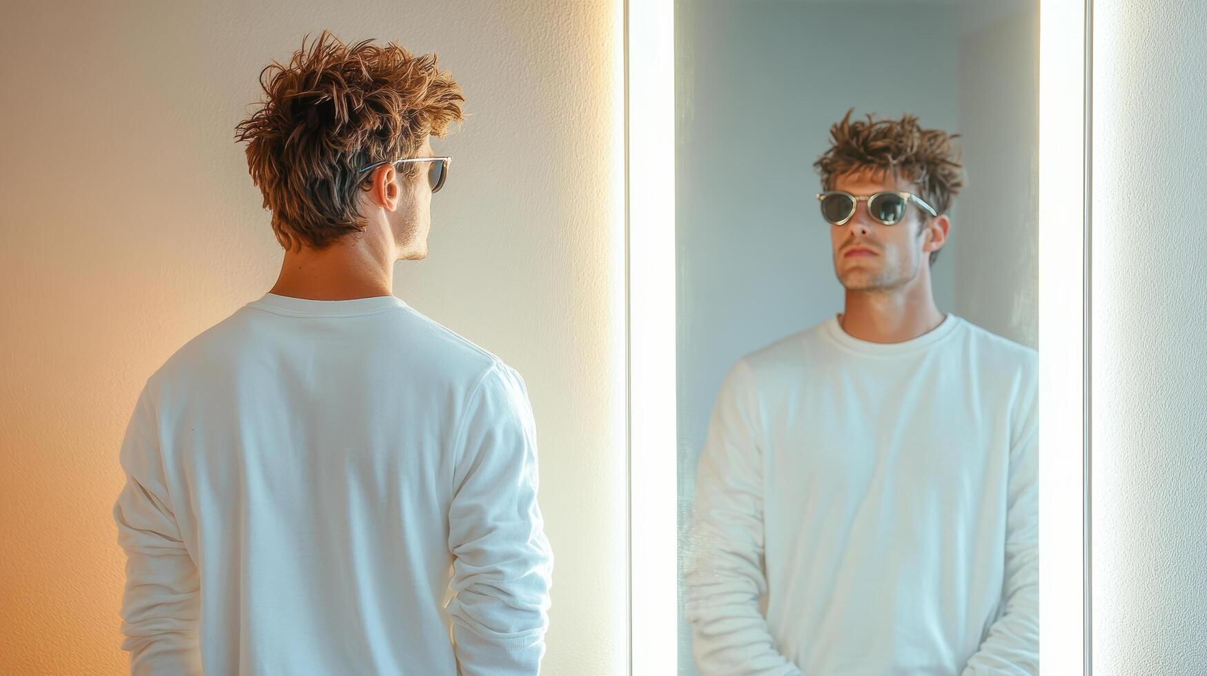 A man in sunglasses looking at himself in the mirror photo