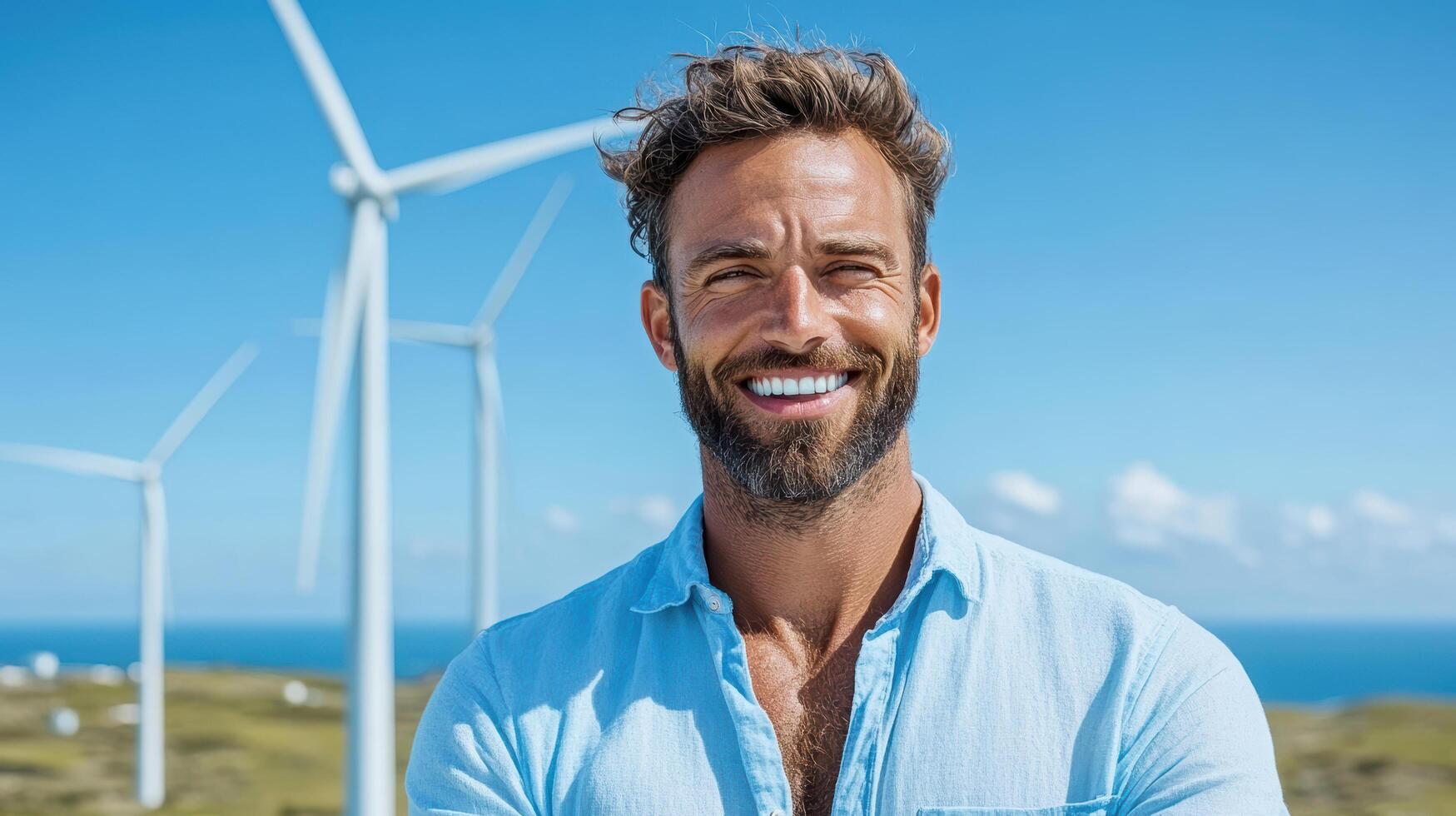 A man with a beard and blue shirt standing in front of wind turbines photo