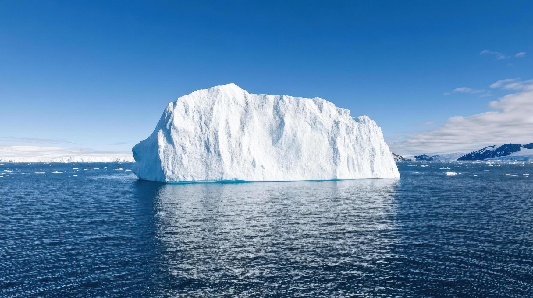 An iceberg floating in the ocean with blue sky photo