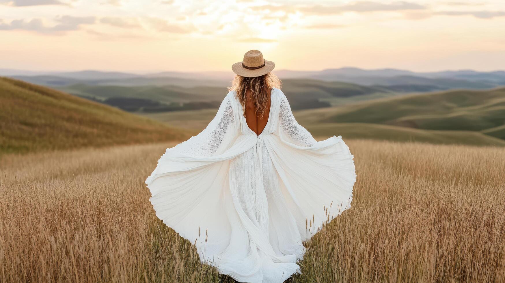 A woman in a white dress walking through a field at sunset photo
