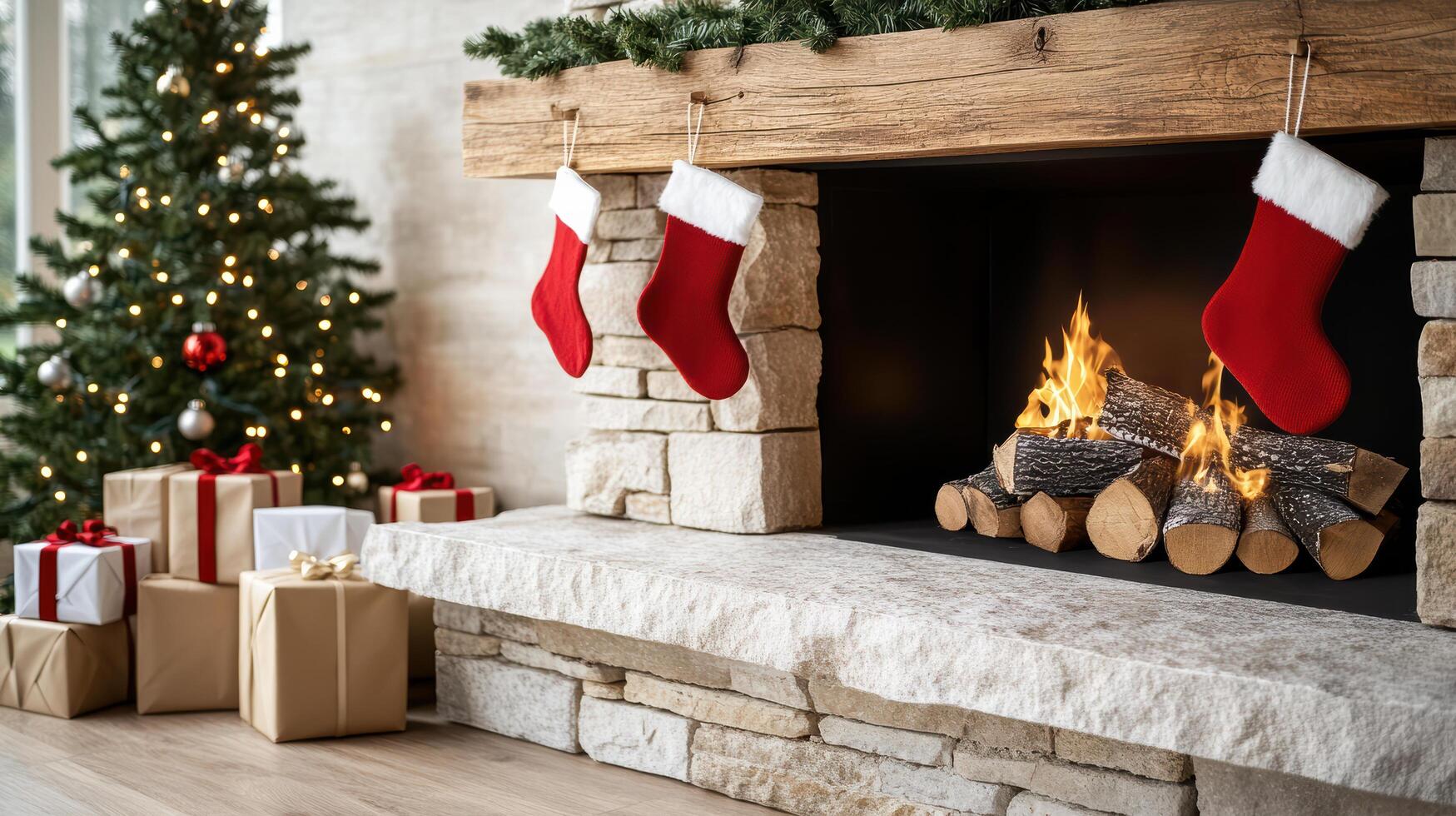 A fireplace with stockings hanging on it and christmas trees photo