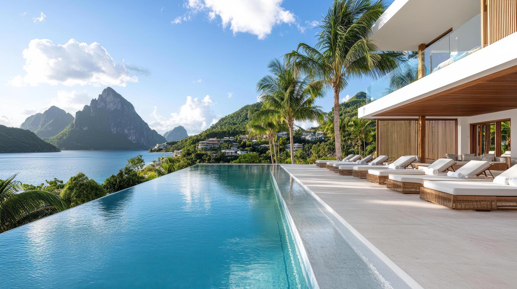 A luxury pool overlooking the ocean and mountains photo