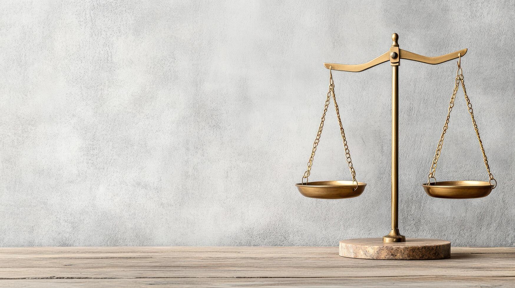 Golden scales on wooden table with gray wall photo